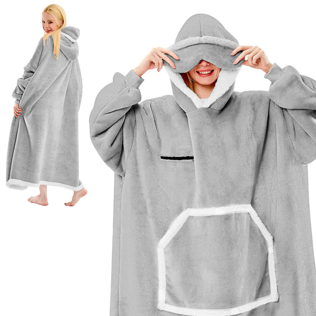 IFNOW Toaster Oven Oversized Sherpa Fleece Hooded Sweatshirt Blanket with Eye Mask Cozy and Giant Blanket Hoodie with Sleeves Extra Long for Adults Men Women Grey