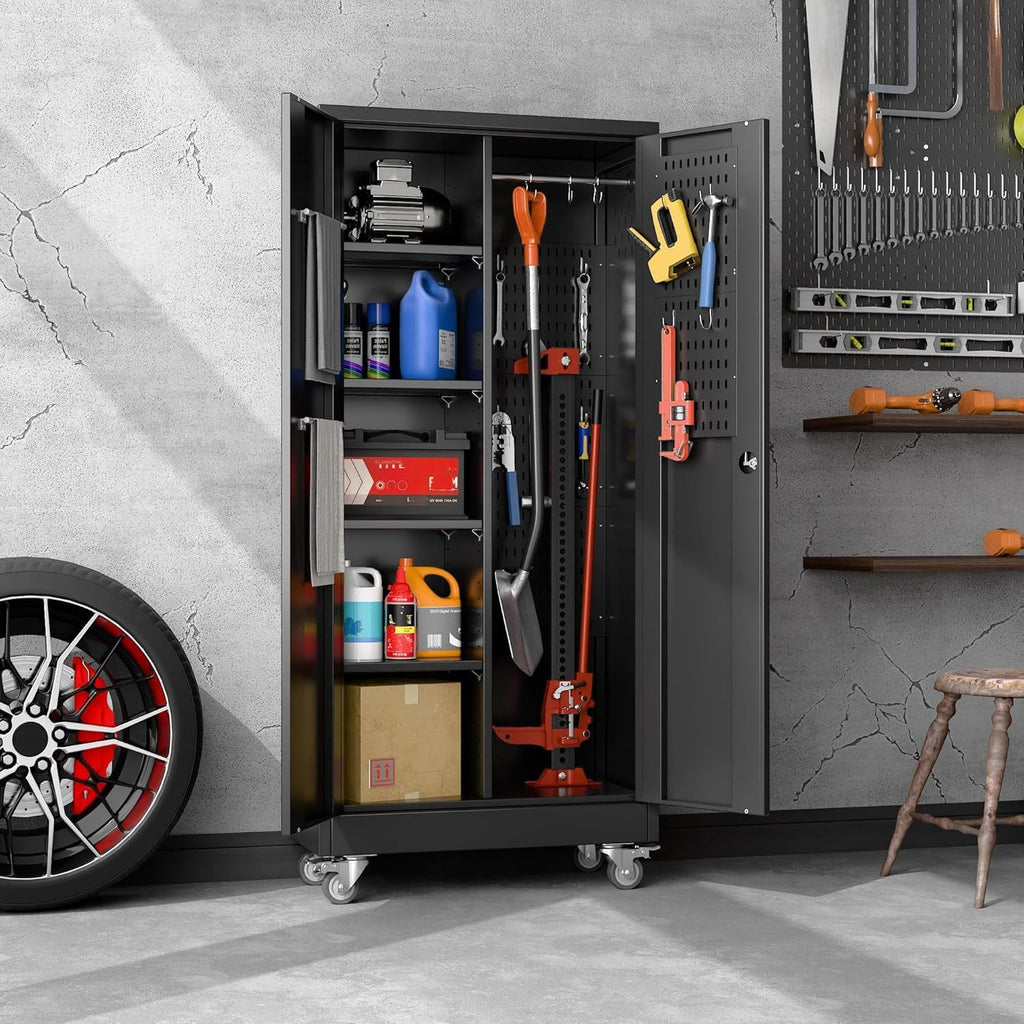 Metal Garage Storage Cabinet With Wheels And Hanging Rod,Broom Closet Storage Cabinet With Pegboard And 4 Adjustable Shelves With 120LBS For Garage Home Office School,Required Assembly,Black