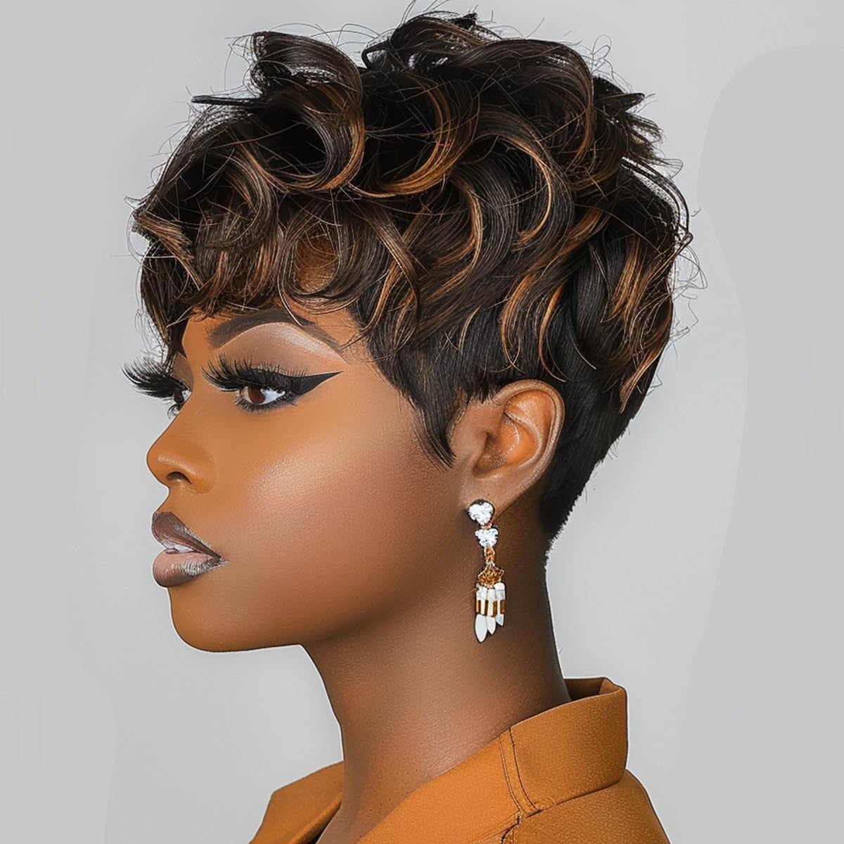 Short Pixie Cut Wigs for women Short Curly Hair Layered Wavy Pixie Cut Wigs With Bangs Short Wigs for Black Women Black Mixed Brown Pixie Wigs for Women Short Brown Wig (Black Mixed Brown)