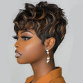 Short Pixie Cut Wigs for women Short Curly Hair Layered Wavy Pixie Cut Wigs With Bangs Short Wigs for Black Women Black Mixed Brown Pixie Wigs for Women Short Brown Wig (Black Mixed Brown)