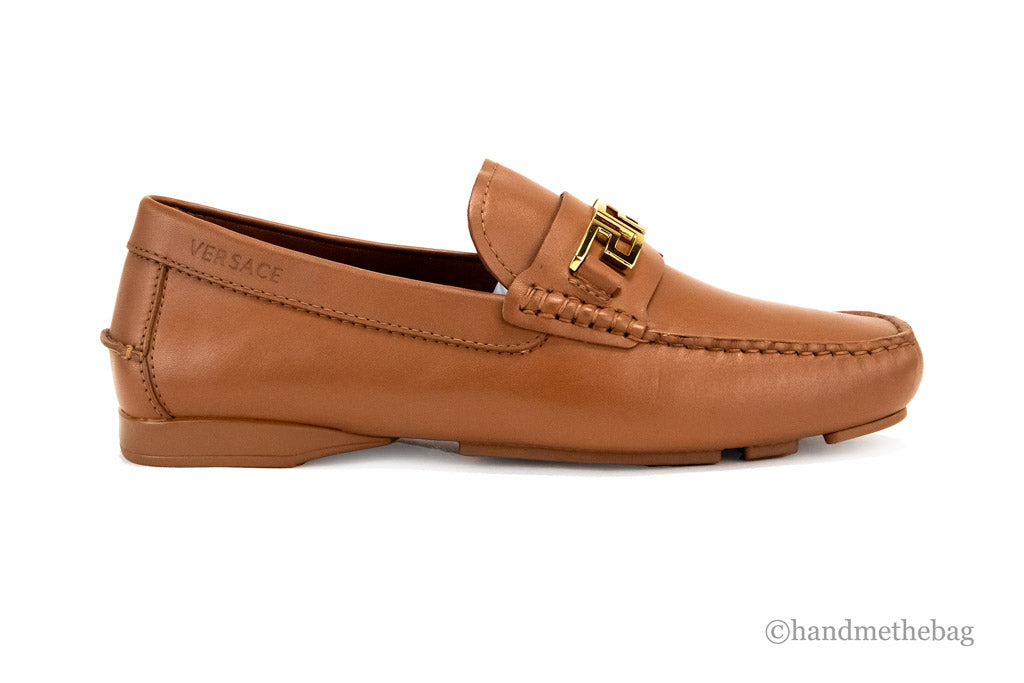 Versace Warm Brown Leather Gold Greek Key Driver Loafers