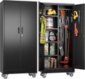 Metal Garage Storage Cabinet With Wheels And Hanging Rod,Broom Closet Storage Cabinet With Pegboard And 4 Adjustable Shelves With 120LBS For Garage Home Office School,Required Assembly,Black