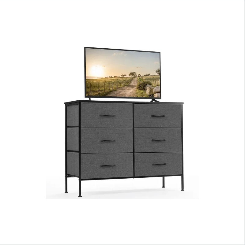 Dresser For Bedroom 6 Drawers Wide Fabric Storage Units Chest Of Drawers For Bedroom With Metal Frame And Wooden Top For TV