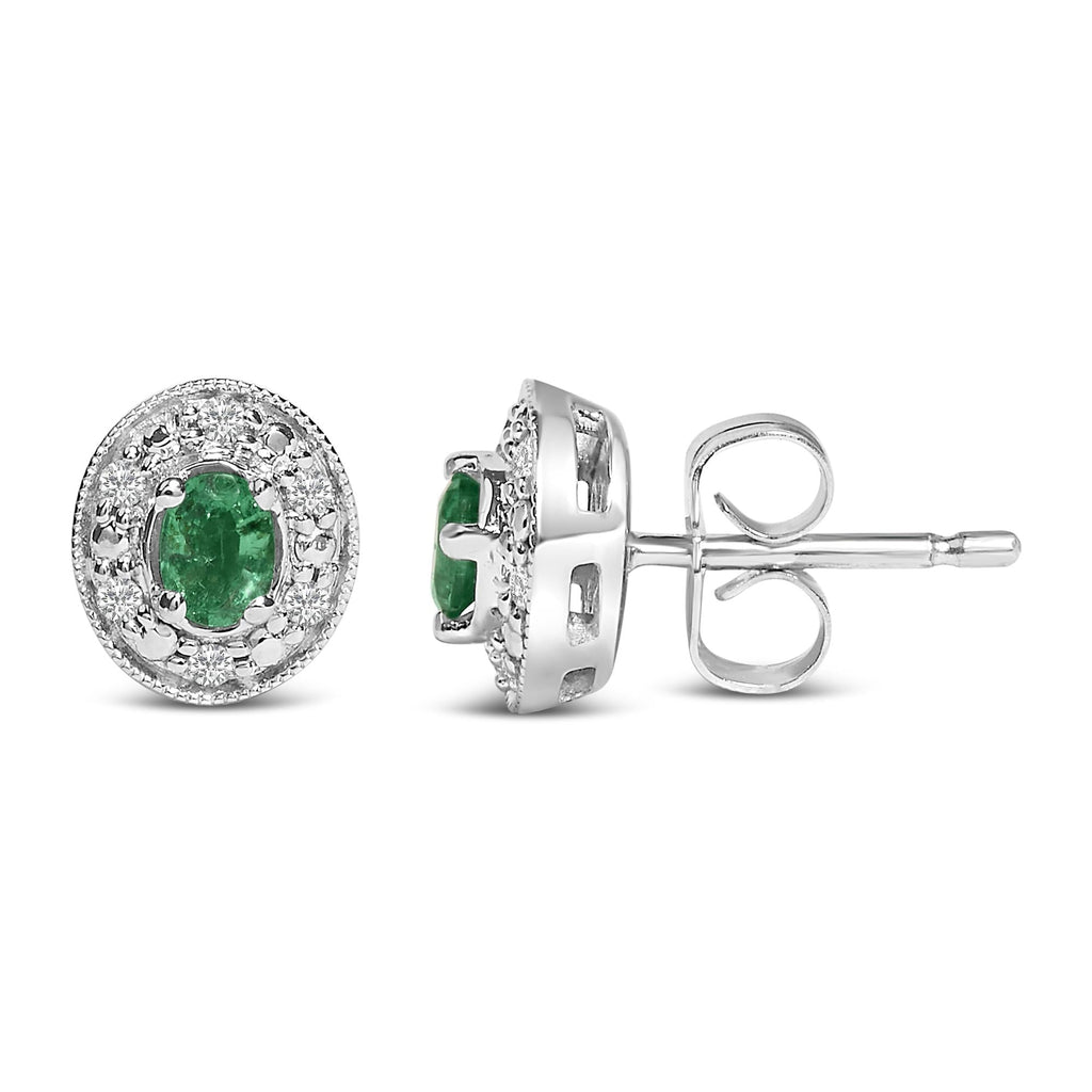 14K White Gold Oval Green Emerald and 1/10 Cttw Diamond Halo Stud Earrings  (I-J Color, I1-I2 Clarity)