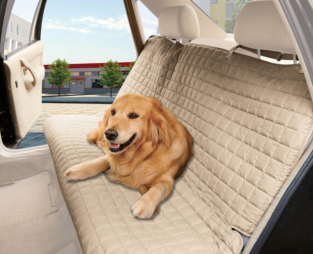 Elegant Comfort Quilted Design%100 Waterproof Premium Quality Bench Car Seat Protector Cover (Entire Rear Seat) for Pets - TIES to STOP SLIPPING OFF The BENCH Beige