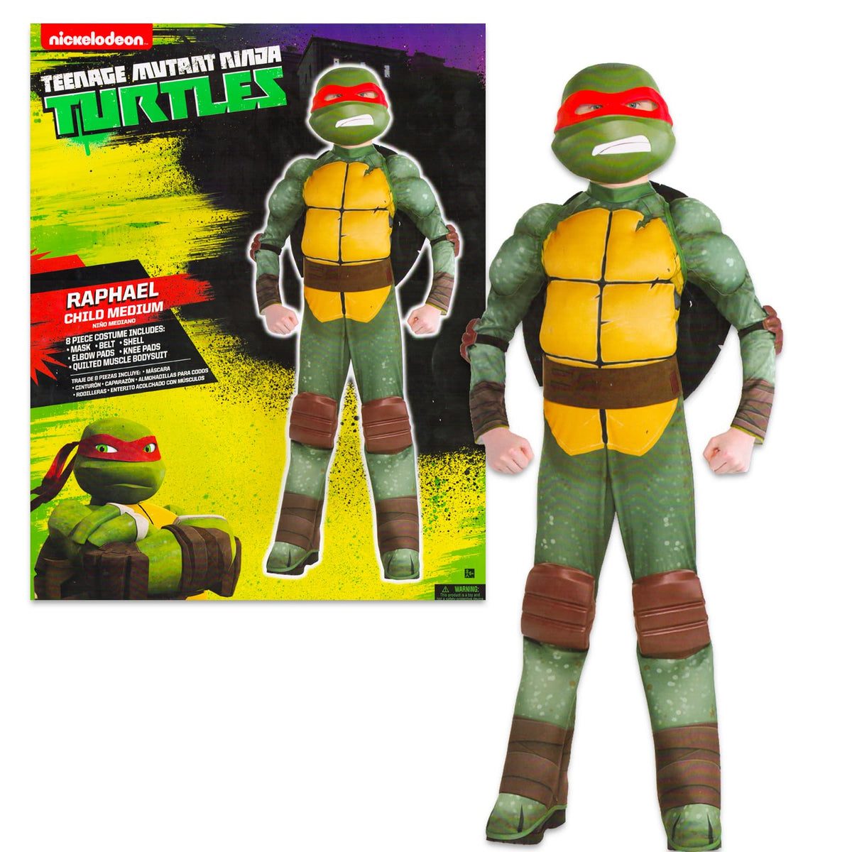 Teenage Mutant Ninja Turtles Costumes for Boys - TMNT Halloween Costume for Kids with Muscle Bodysuit Mask Shell More (Raphael 8-10)