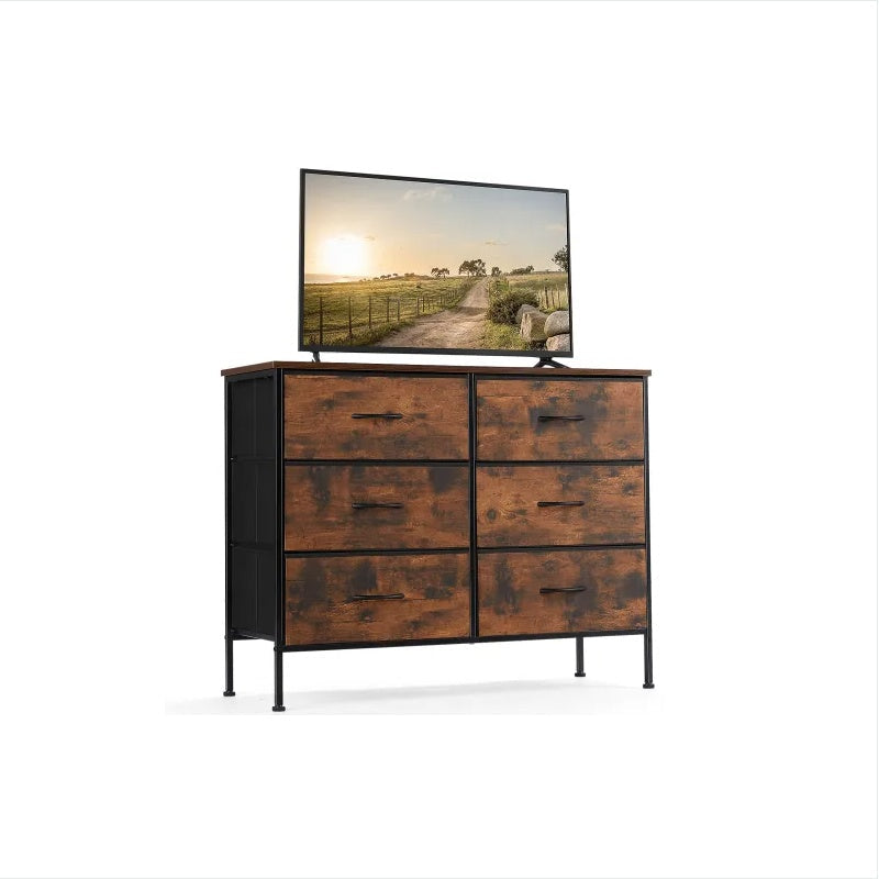 Dresser For Bedroom 6 Drawers Wide Fabric Storage Units Chest Of Drawers For Bedroom With Metal Frame And Wooden Top For TV