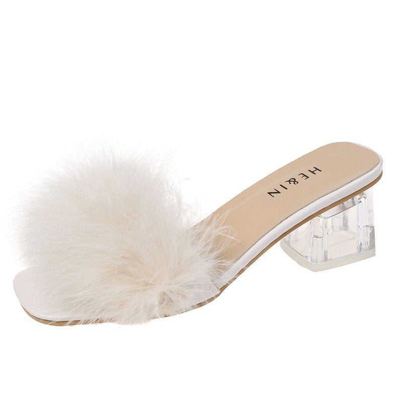 Furry Cool Thick Heel Half Drag Sandals
