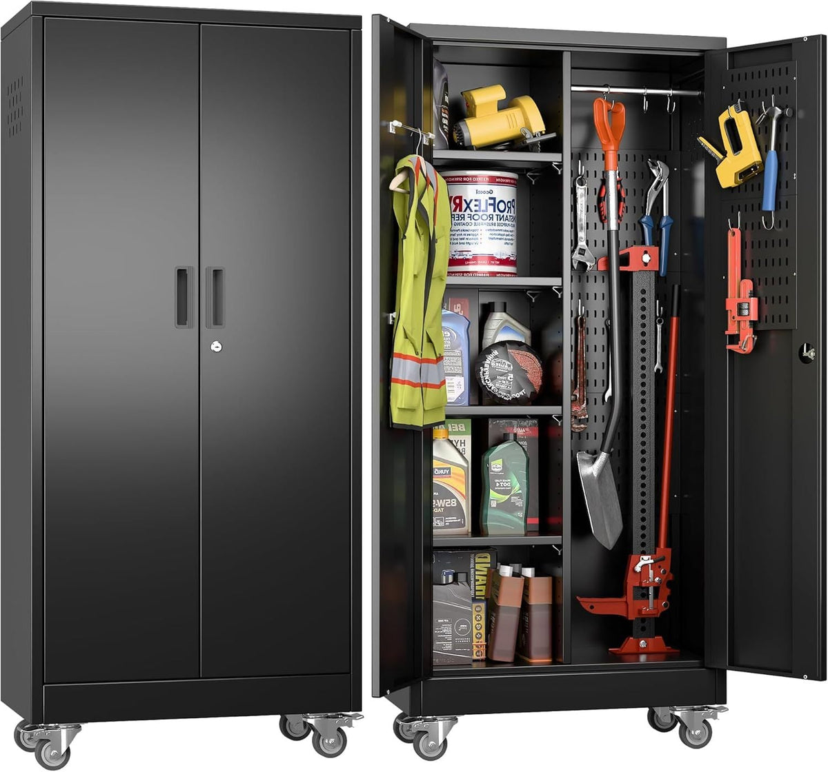 Metal Garage Storage Cabinet With Wheels And Hanging Rod,Broom Closet Storage Cabinet With Pegboard And 4 Adjustable Shelves With 120LBS For Garage Home Office School,Required Assembly,Black
