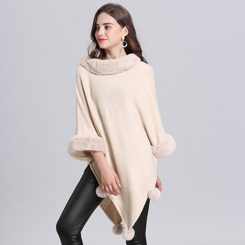 Fox Fur Collar Jacquard Pullover Sweater Shawl