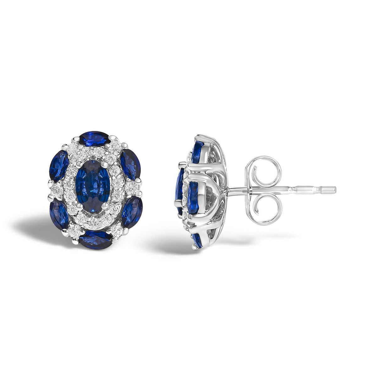 14K White Gold Blue Sapphire and Diamond Vintage Style Stud Earrings (G-H Color, SI2-I1 Clarity)
