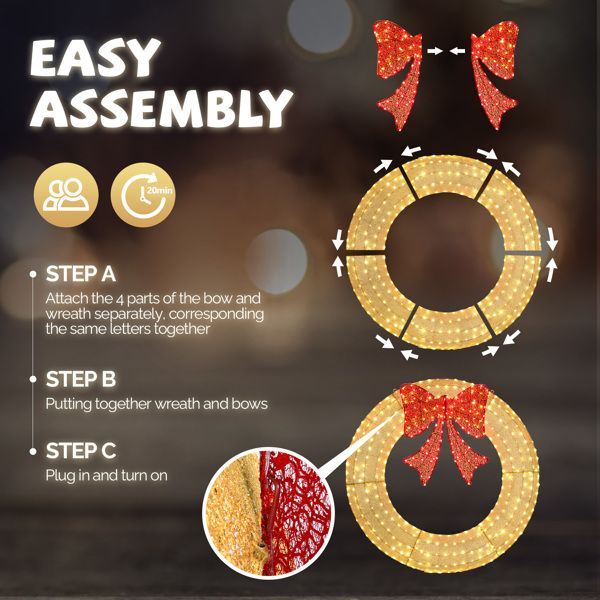 60in Pre-Lit Outdoor Christmas Wreath Decoration, LED Metal Holiday Decor For Home Exterior, Garden W 400 Lights, Bow - Gold Red