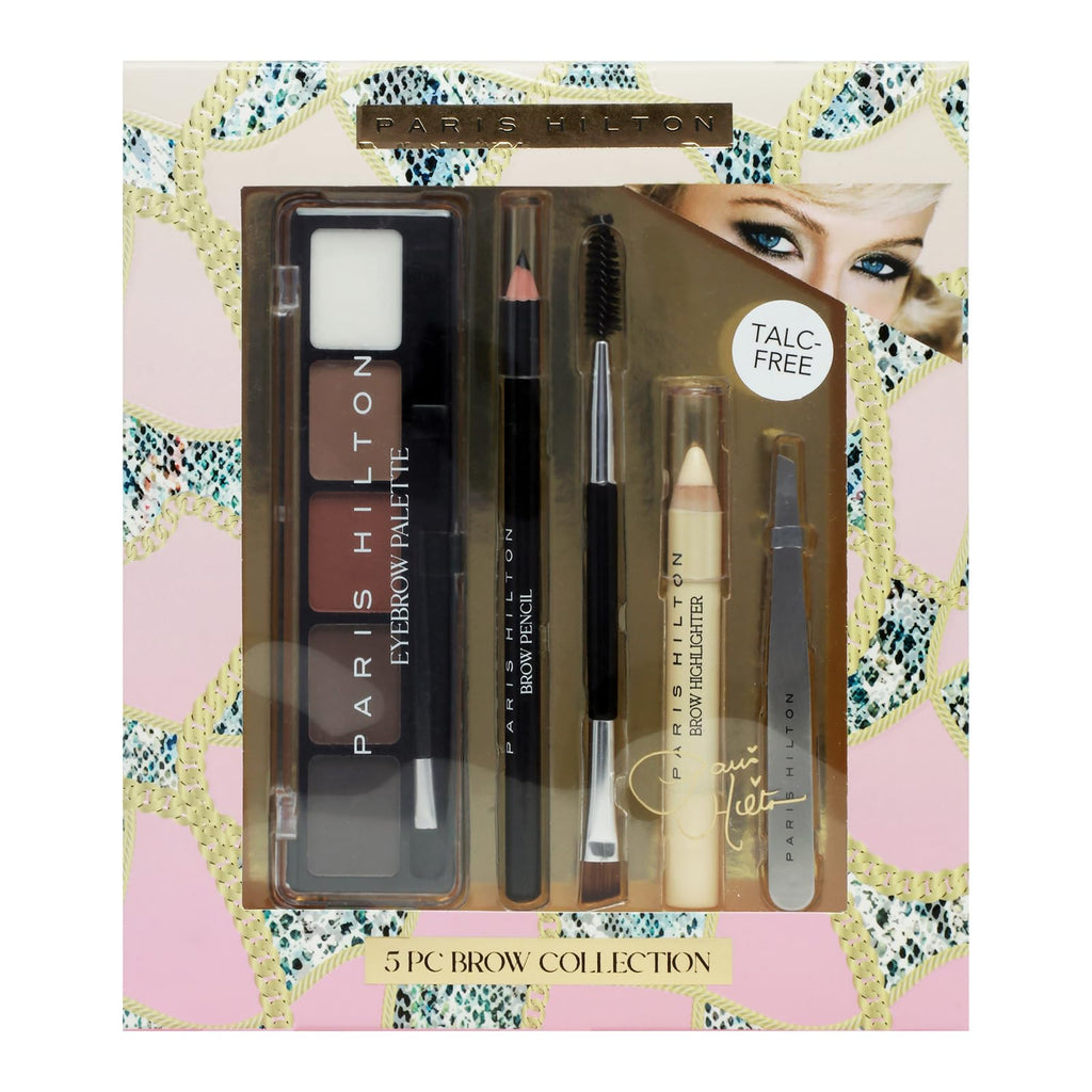 Paris Hilton Brow Collection Set - Eyebrow Makeup Palette with Brow Powder Pencil HighlighterSpoolieTweezer - Waterproof Long Lasting Professional Kit for Women - Shape Define Natural Look- 5 pcs