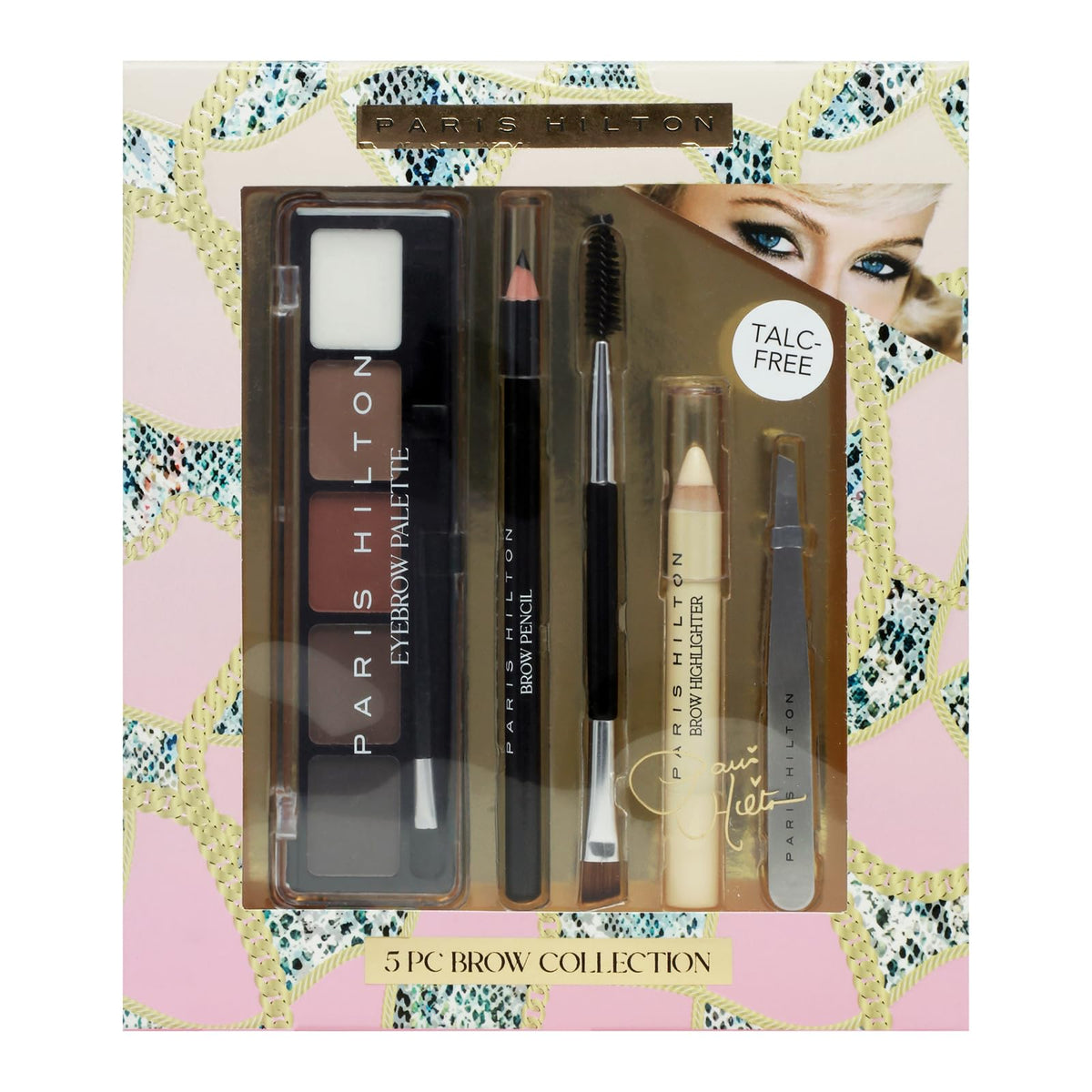Paris Hilton Brow Collection Set - Eyebrow Makeup Palette with Brow Powder Pencil HighlighterSpoolieTweezer - Waterproof Long Lasting Professional Kit for Women - Shape Define Natural Look- 5 pcs