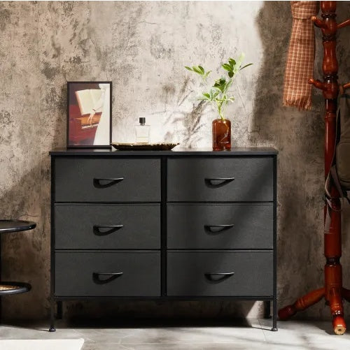 Dresser For Bedroom 6 Drawers Wide Fabric Storage Units Chest Of Drawers For Bedroom With Metal Frame And Wooden Top For TV