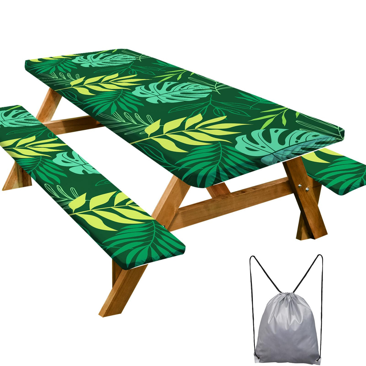 Picnic Table Cover with Bench Covers Camping Essentials Waterproof Windproof Camping Tablecloth with Drawstring Bag Fitted Rectangle Tables and Seats 60in Dark Green