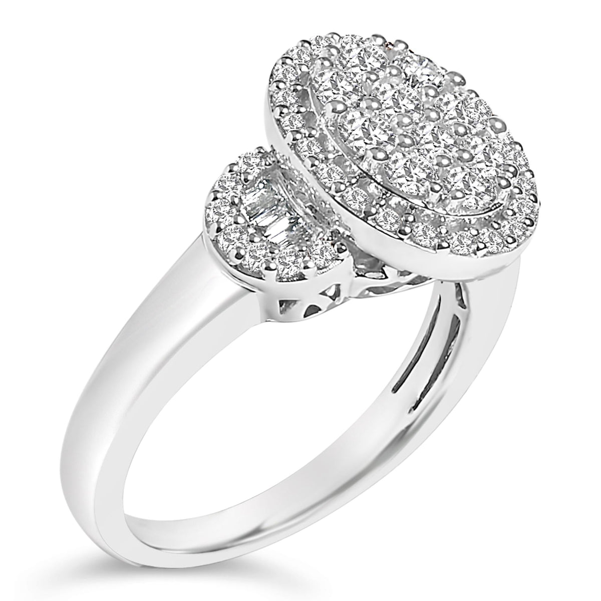 10K White Gold 1.0 Cttw Diamond Oval Cluster with Halo Vintage-Inspired Art Deco 3 Stone Style Statement Ring (G-H Color, SI1-SI2 Clarity)