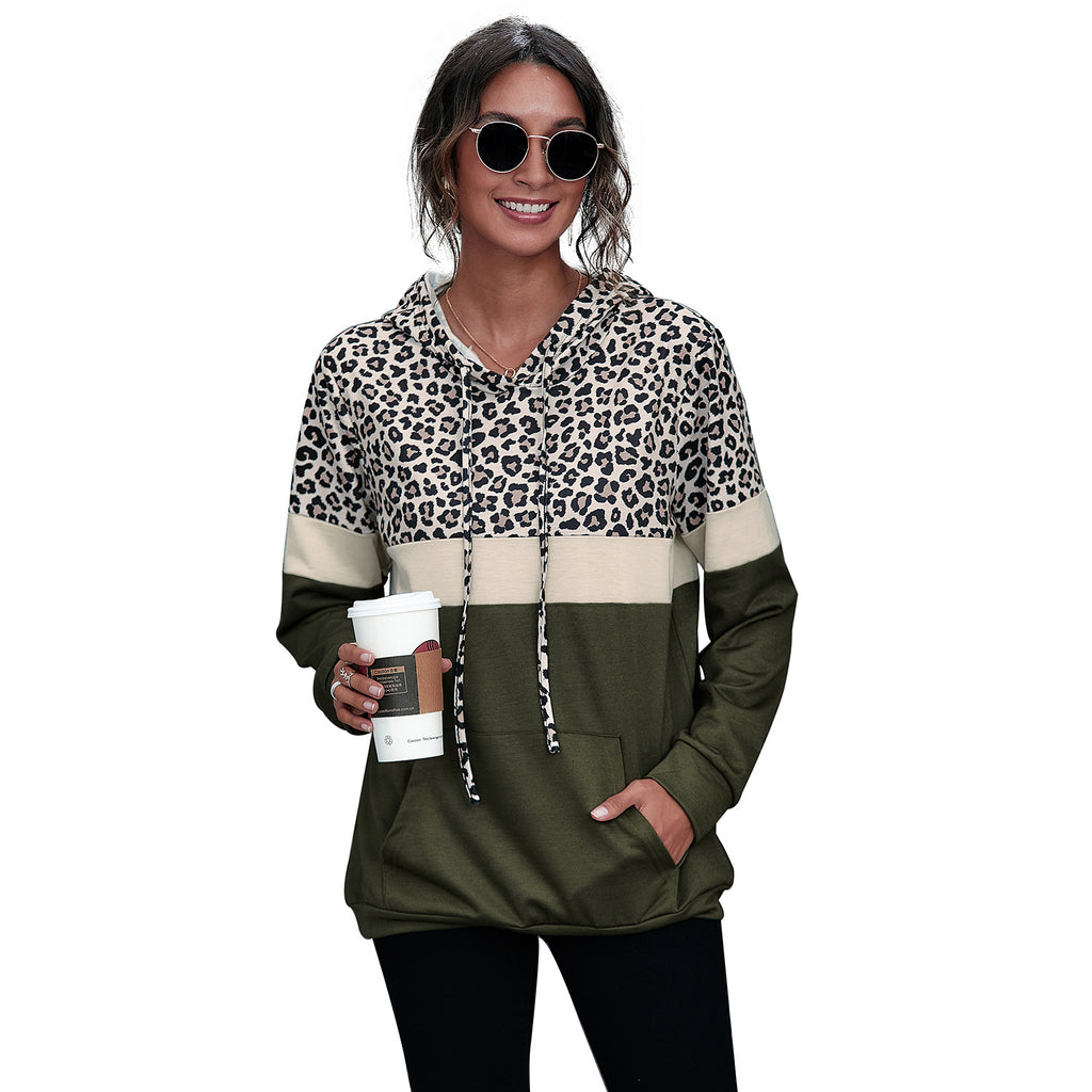 Hooded Long Sleeve Sweatshirt with Leopard Print Panel