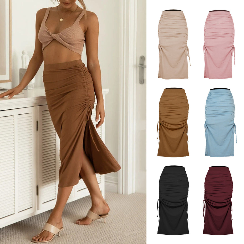 Pleated Lace-up Hip Long Skirt in Fashion Style