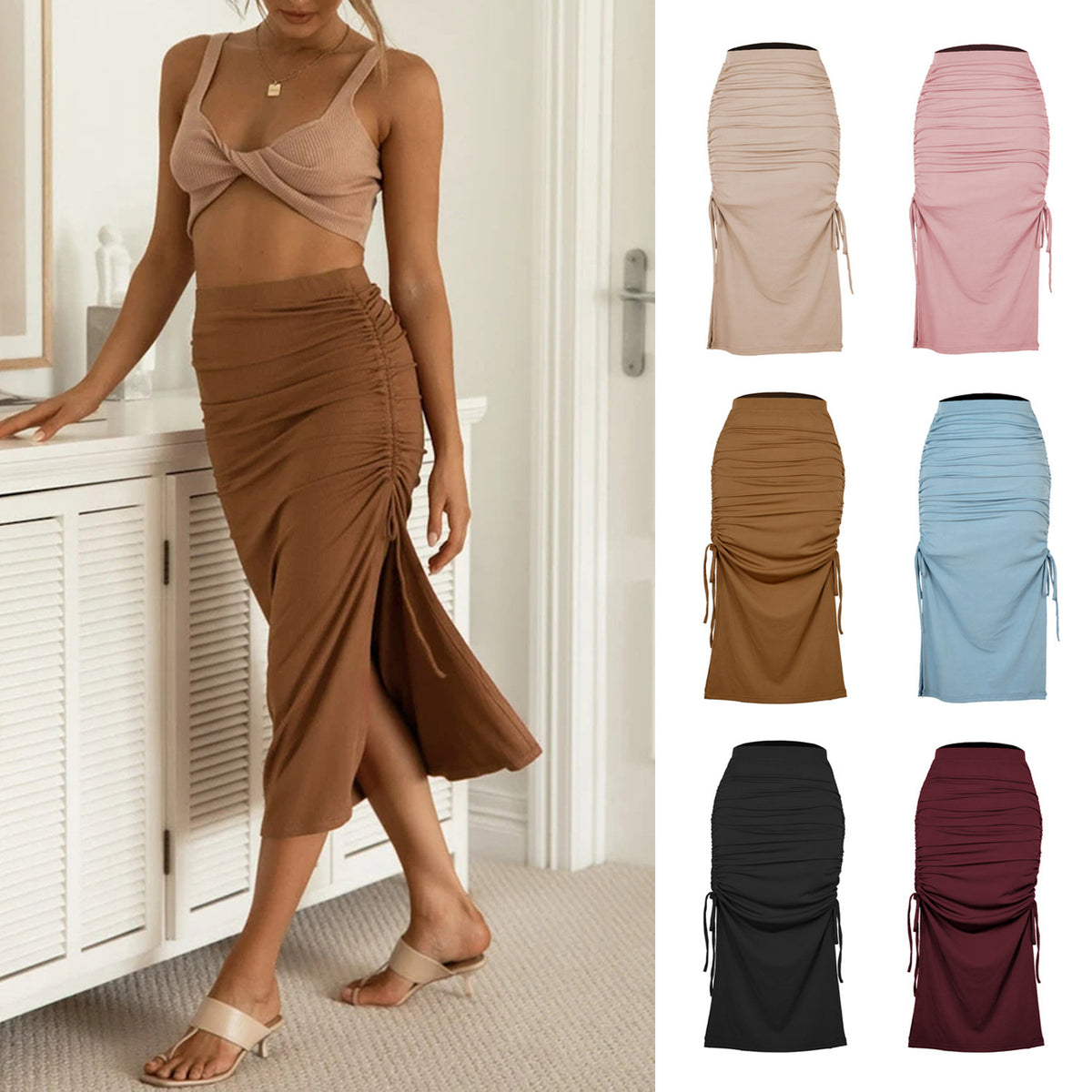 Pleated Lace-up Hip Long Skirt in Fashion Style