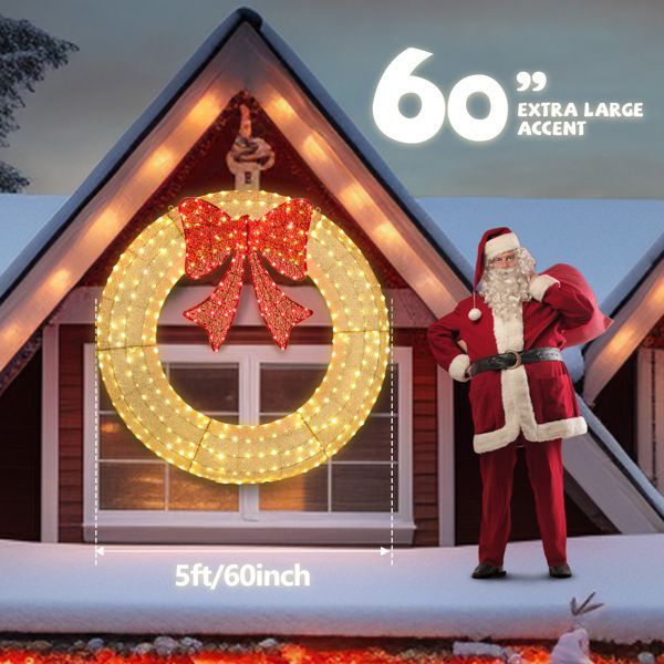 60in Pre-Lit Outdoor Christmas Wreath Decoration, LED Metal Holiday Decor For Home Exterior, Garden W 400 Lights, Bow - Gold Red
