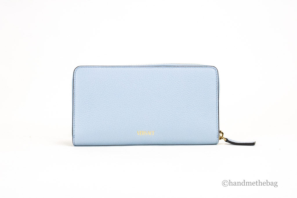 Versace Large Cornflower Leather Gold Monogram Zip Around Wallet
