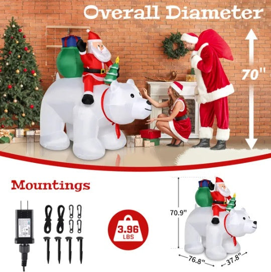 6ft 15W 7pcs LED Lights Santa Claus Rides Polar Bear Garden Santa Claus Decoration