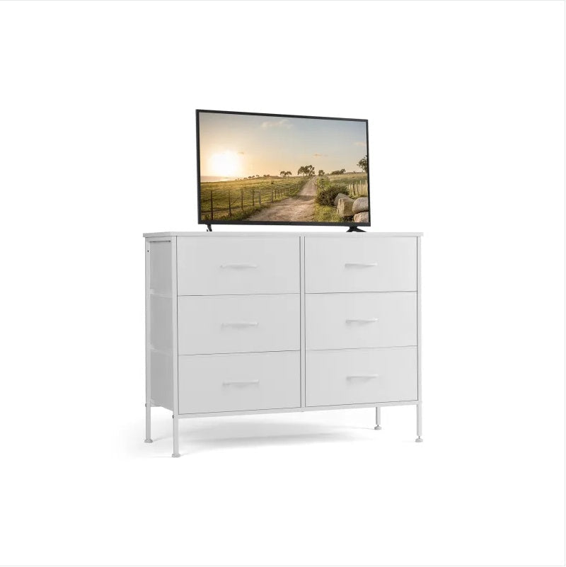 Dresser For Bedroom 6 Drawers Wide Fabric Storage Units Chest Of Drawers For Bedroom With Metal Frame And Wooden Top For TV