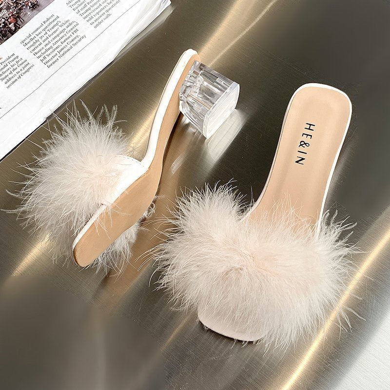 Furry Cool Thick Heel Half Drag Sandals