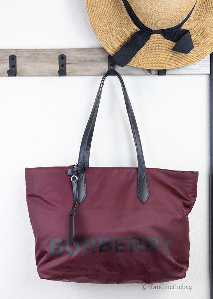 Burberry Medium Burgundy Logo Nylon Tote Shoulder Bag