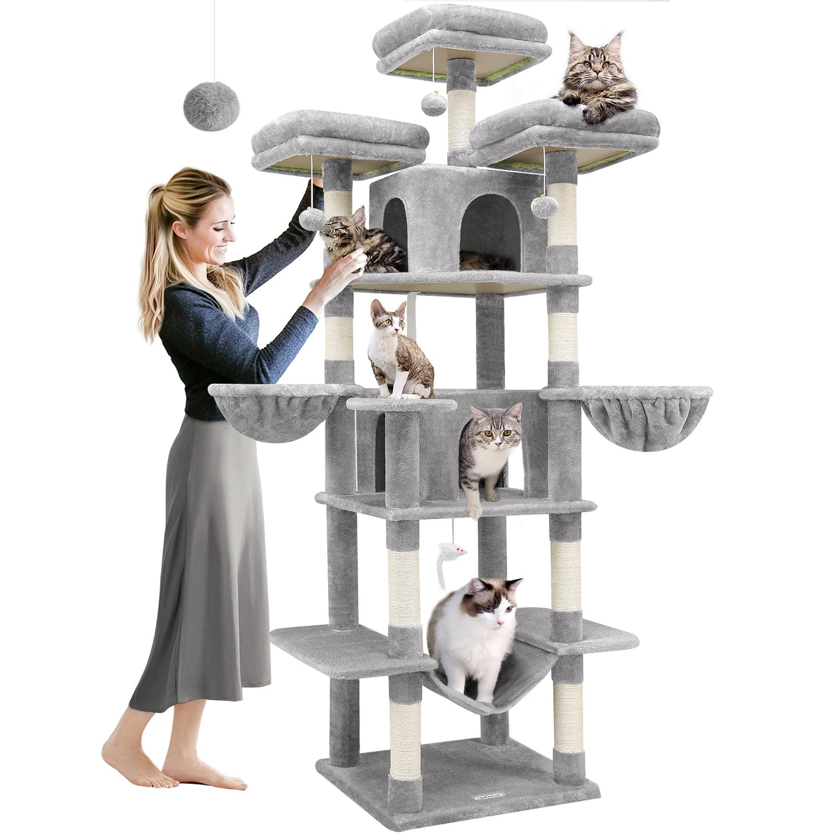 Globlazer F80 Big Cat Tower for Indoor Cats 80inch Cat Tower for Multiple Adult Cats XXL Cat Tree with Scratching Post Hammock 3 Perches 2 Condos 2 Hanging Basket Light Grey