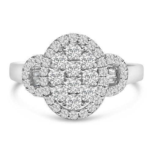 10K White Gold 1.0 Cttw Diamond Oval Cluster with Halo Vintage-Inspired Art Deco 3 Stone Style Statement Ring (G-H Color, SI1-SI2 Clarity)