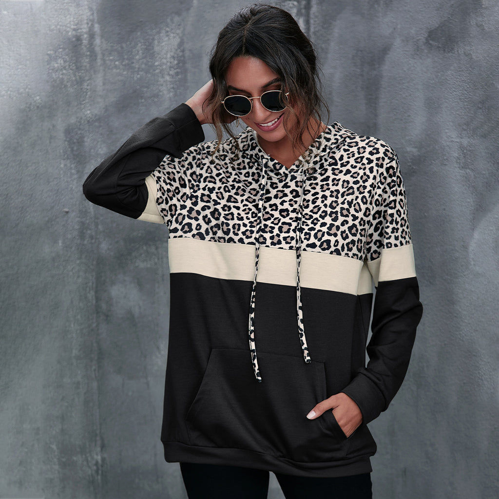 Hooded Long Sleeve Sweatshirt with Leopard Print Panel