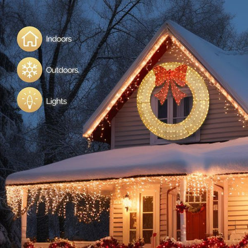 60in Pre-Lit Outdoor Christmas Wreath Decoration, LED Metal Holiday Decor For Home Exterior, Garden W 400 Lights, Bow - Gold Red