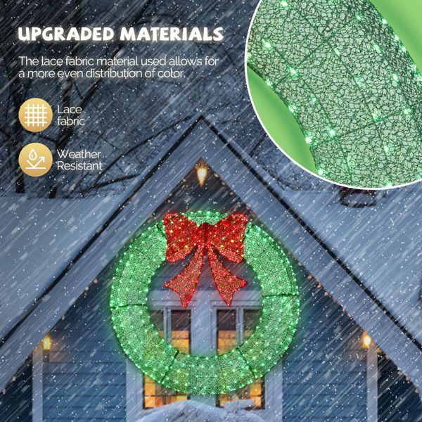 60in Pre-Lit Outdoor Christmas Wreath Decoration, LED Metal Holiday Decor For Home Exterior, Garden W 400 Lights, Bow - Green Red