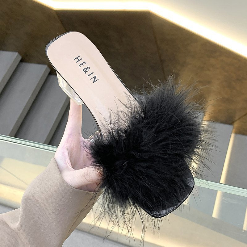 Furry Cool Thick Heel Half Drag Sandals