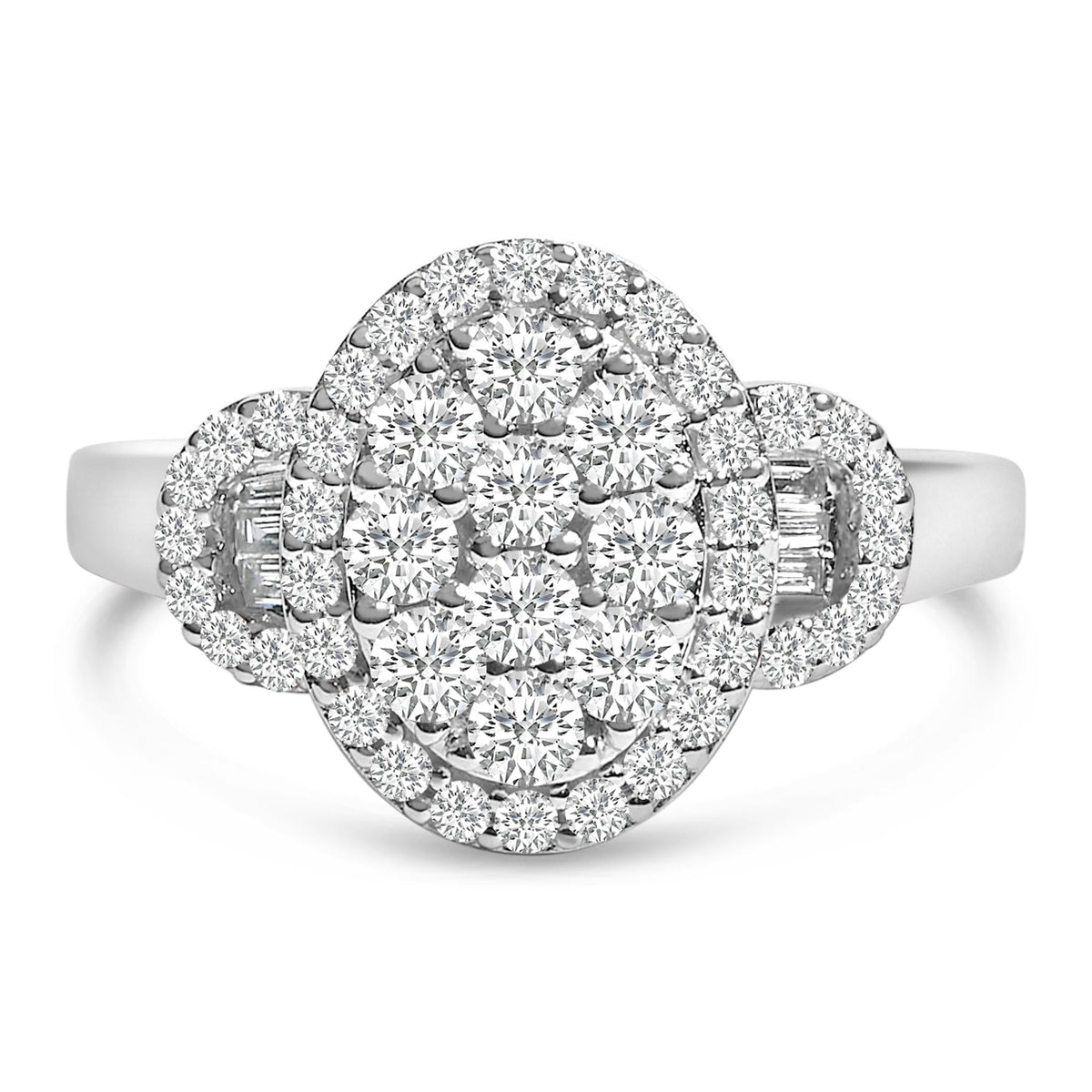 10K White Gold 1.0 Cttw Diamond Oval Cluster with Halo Vintage-Inspired Art Deco 3 Stone Style Statement Ring (G-H Color, SI1-SI2 Clarity)