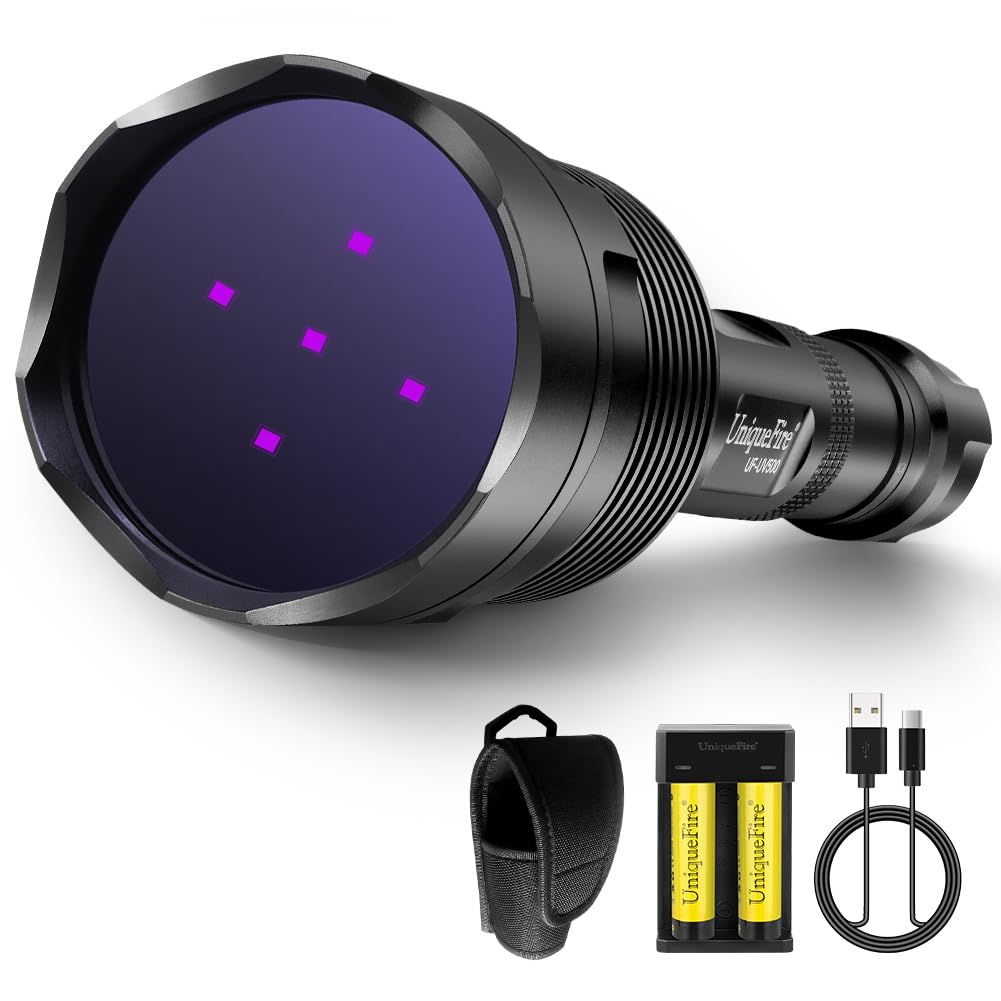 UniqueFire 365nm Black Light UV Flashlight with 5 LEDs Professional UV Light 50W Powerful Blacklight Flashlight Rechargeable for Pet Urine Finding & Mineral Antique Detection Scorpion Search etc