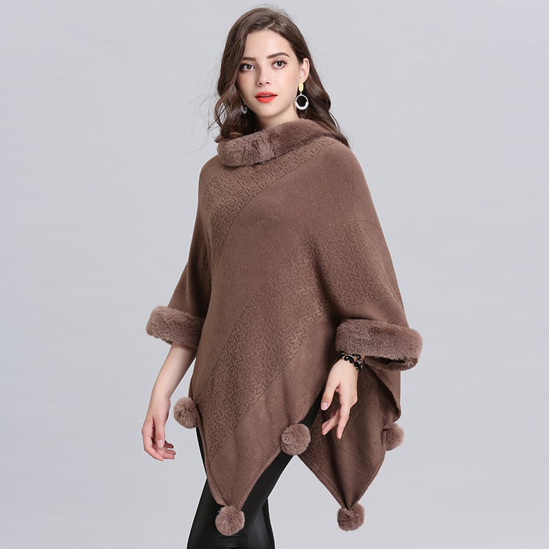 Fox Fur Collar Jacquard Pullover Sweater Shawl