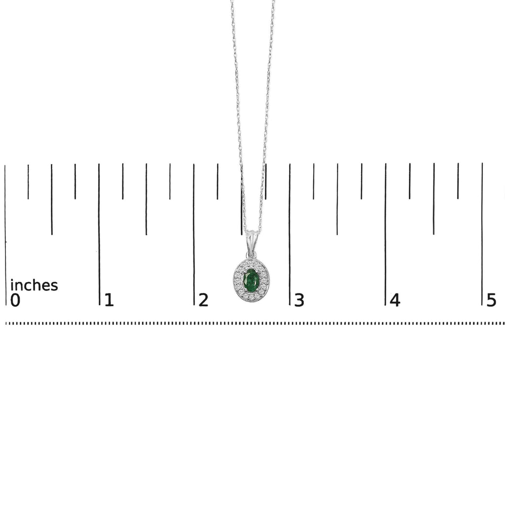 14K White Gold Oval 6x4 MM Green Emerald and Diamond Halo Pendant Necklace - 18 inch