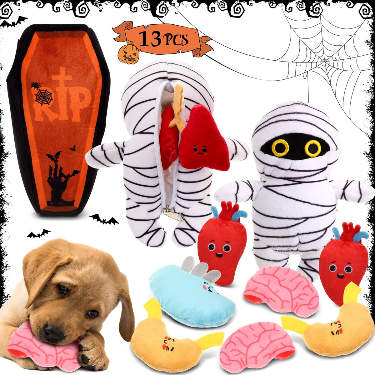 Glimin 13 Pcs Halloween Hide and Seek Dog Toys Halloween Coffin Mummy Dog Toys with Organs Burrow Interactive Dog Toys Halloween Stuffing Body Dog Squeaky Toys for Halloween Decor Dog Training
