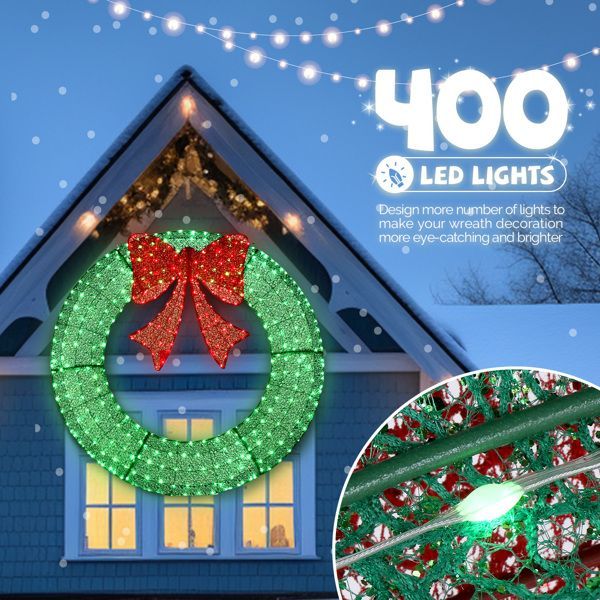 60in Pre-Lit Outdoor Christmas Wreath Decoration, LED Metal Holiday Decor For Home Exterior, Garden W 400 Lights, Bow - Green Red