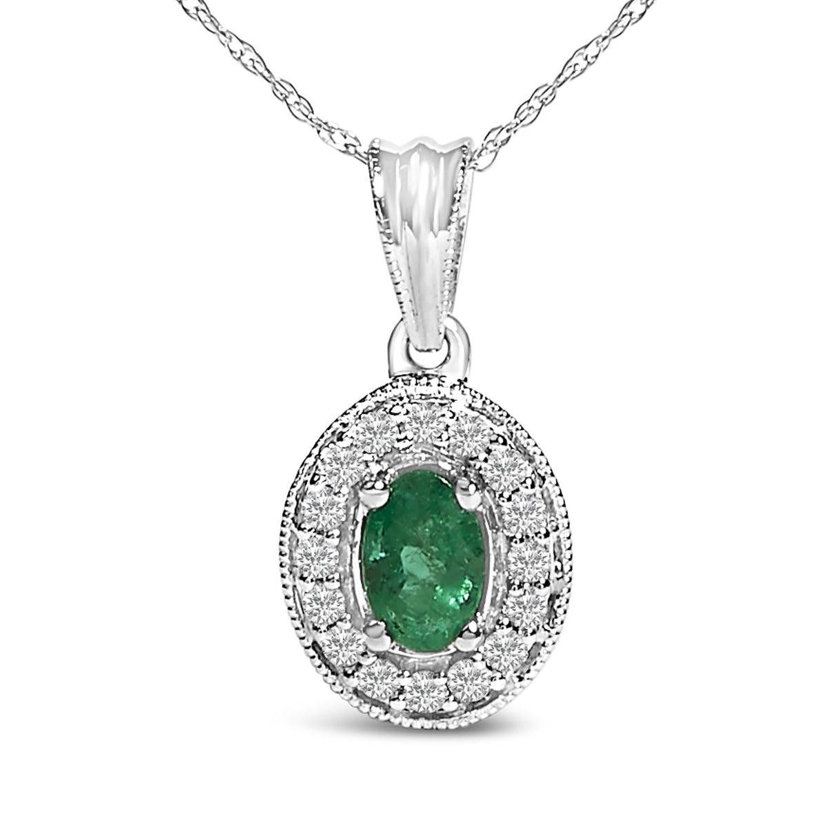 14K White Gold Oval 6x4 MM Green Emerald and Diamond Halo Pendant Necklace - 18 inch