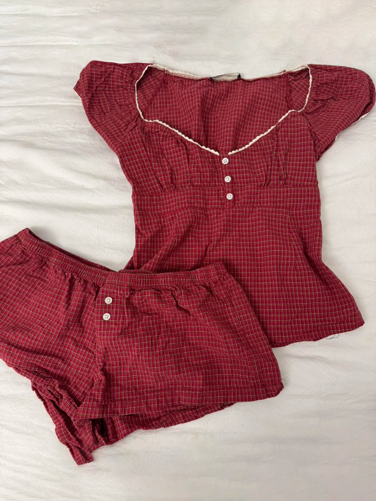 Red Plaid T-Shirt Shorts Set Women Summer Lace-up Puff Sleeve Blouse+Buttons Elastic Waist Short Pants Cotton Sweet 2 Piece Sets
