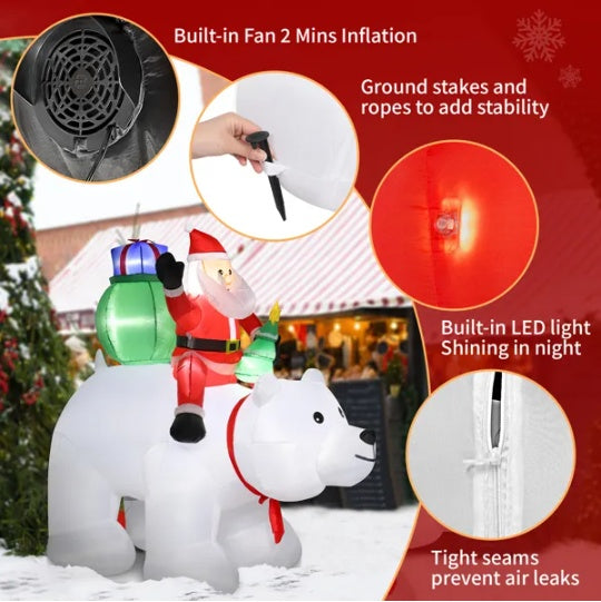 6ft 15W 7pcs LED Lights Santa Claus Rides Polar Bear Garden Santa Claus Decoration