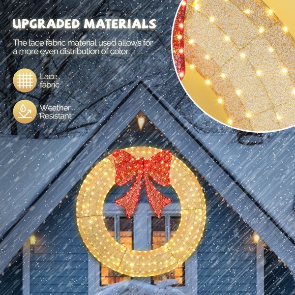 60in Pre-Lit Outdoor Christmas Wreath Decoration, LED Metal Holiday Decor For Home Exterior, Garden W 400 Lights, Bow - Gold Red