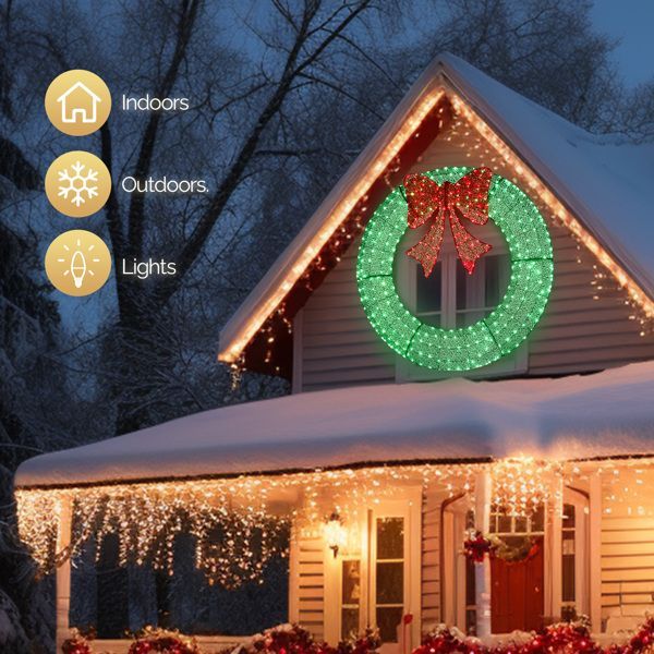 60in Pre-Lit Outdoor Christmas Wreath Decoration, LED Metal Holiday Decor For Home Exterior, Garden W 400 Lights, Bow - Green Red