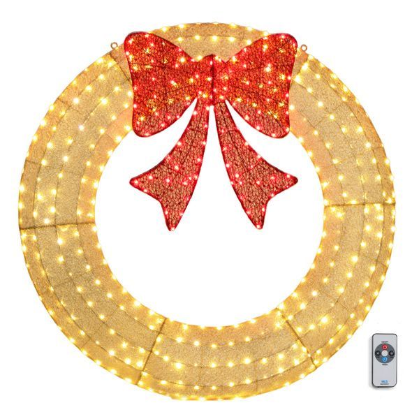 60in Pre-Lit Outdoor Christmas Wreath Decoration, LED Metal Holiday Decor For Home Exterior, Garden W 400 Lights, Bow - Gold Red