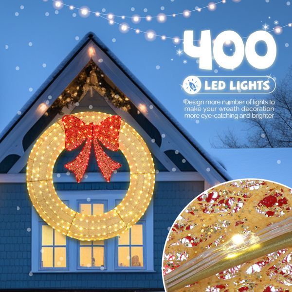 60in Pre-Lit Outdoor Christmas Wreath Decoration, LED Metal Holiday Decor For Home Exterior, Garden W 400 Lights, Bow - Gold Red