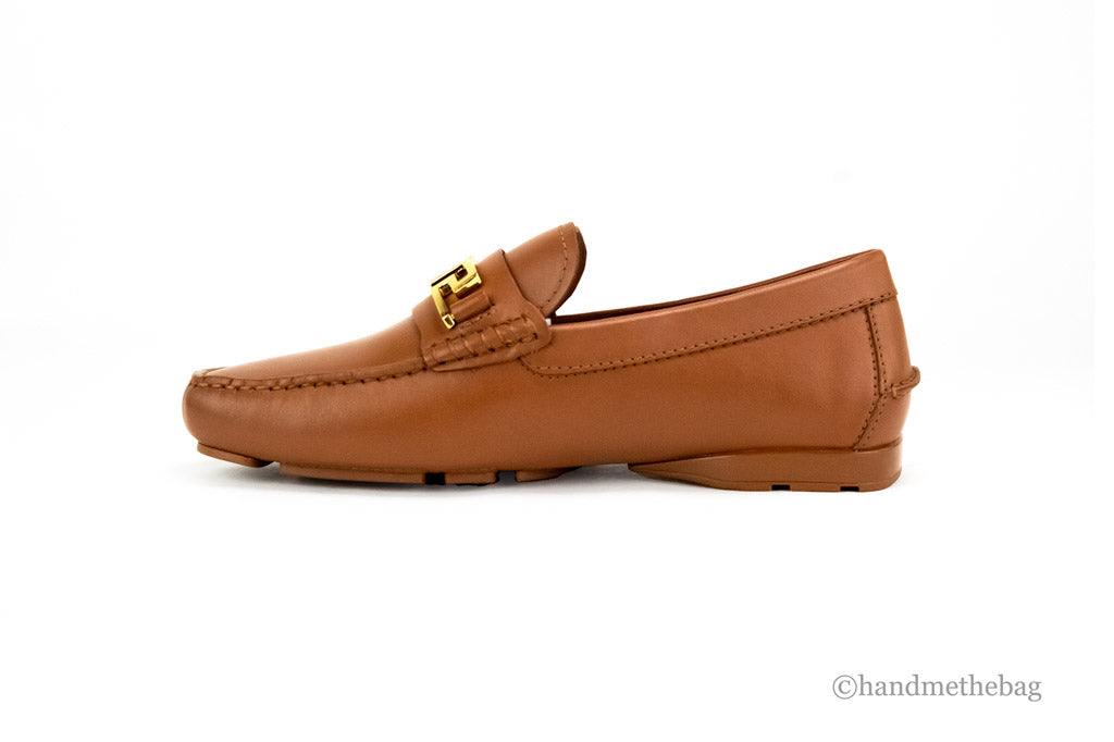 Versace Warm Brown Leather Gold Greek Key Driver Loafers